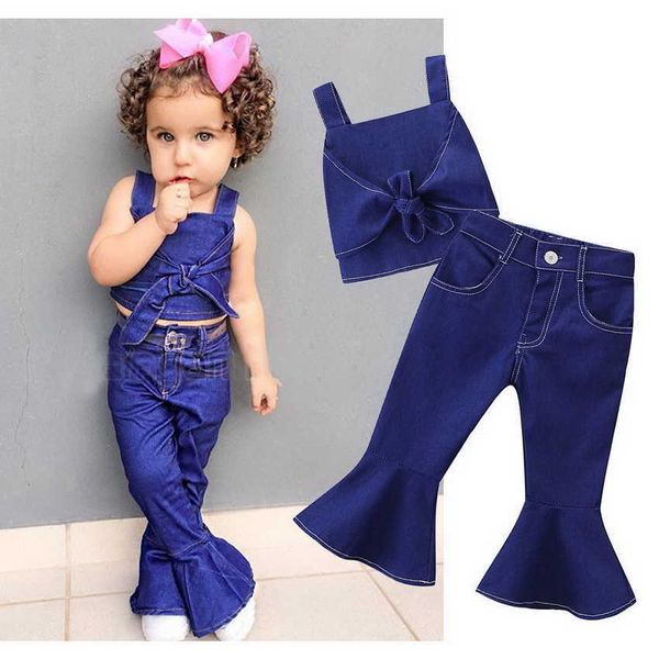 Venda por atacado crianças roupas meninas conjuntos de roupas bowknot denim shirt colete + flare jeans verão toddler roupas e194058 210610