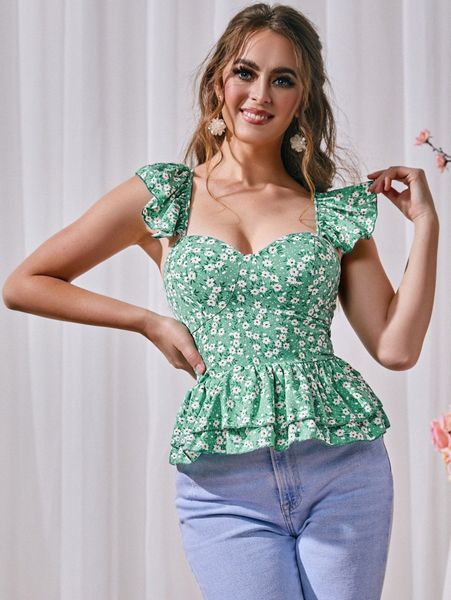 

sbetro floral print tiered hem blouse i54w#, White