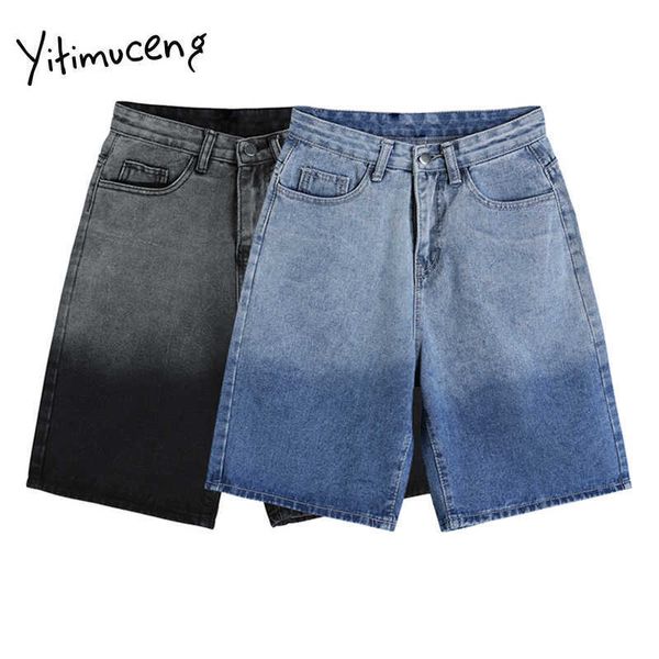 Yitimuceng Damen Denim-Shorts, Übergröße, hohe Taille, Knopfleiste, lässig, Jeans, zerrissen, gerade, Sommer, Blau, Schwarz, Mode, 210601