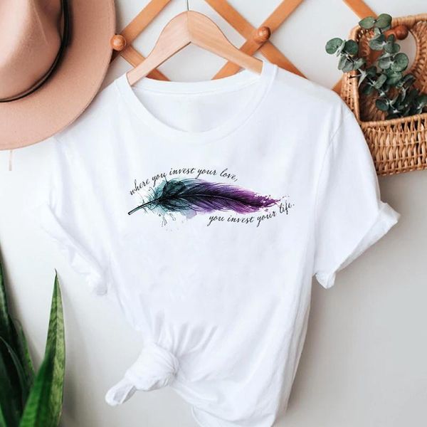 

women's t-shirt women summer tshirts cartoon feather watercolor 90s fashion short sleeve clothes graphic t lady print female tee, White