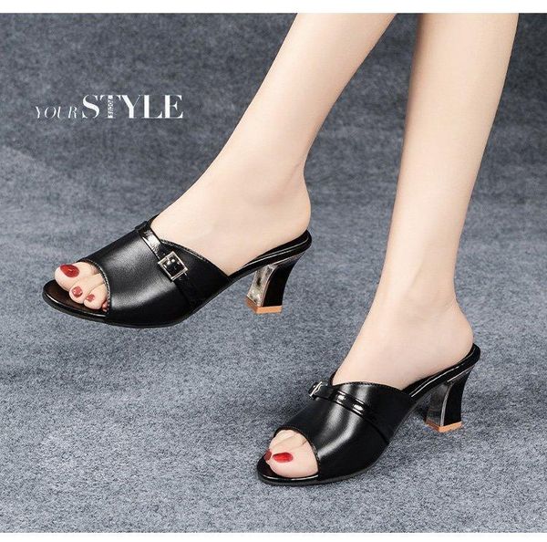 

dress shoes summer fashion women's slippers fish mouth mid heel sandals lippers woman flip flops high heels ladies womens, Black