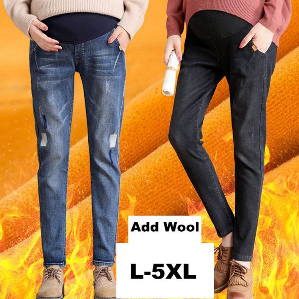 

maternity bottoms pants warm denim trousers pregnancy belly winter clothes for pregnant women plus size jeans pant, White