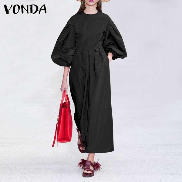 

summer dress 2021 vonda women casual o neck puff sleeve dresses bohemian vestidos loose beach sundress plus size long robe, Black;gray