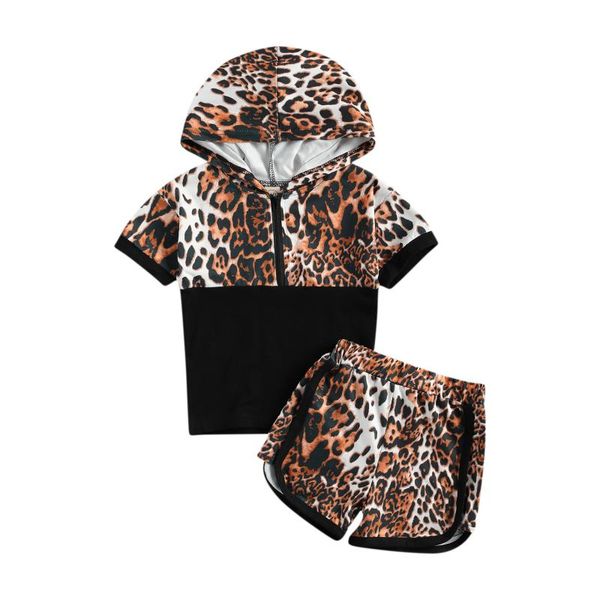 

infant baby girls summer outfits soft short sleeve leopard print half zip hoodie + shorts 2pcs clothes set clothing sets, White