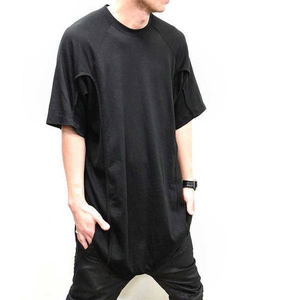 

one of you dark niche designer julius 7 t-shirt men's curved hem short sleeve splicing long keq7, White;black