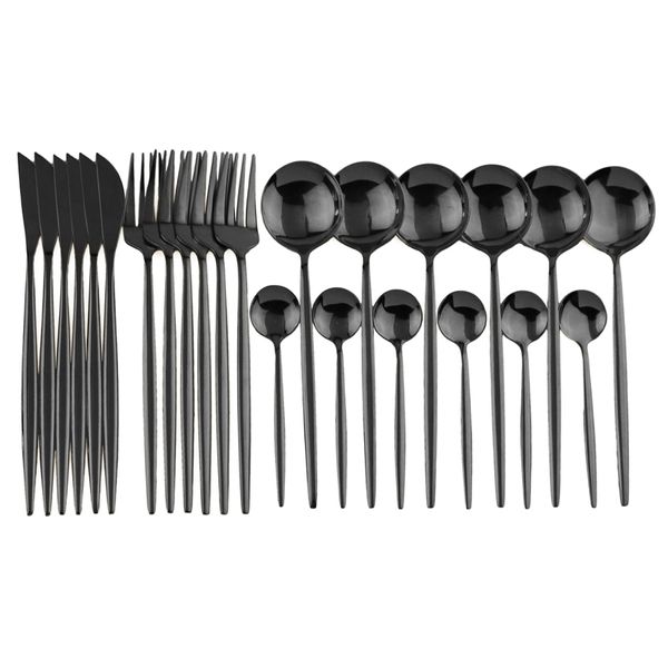 24 pcs puro ouro preto louça conjunto de casamento cutelaria conjunto 18/10 Jantar de aço inoxidável faca faca garfo Silverware atacado 210317