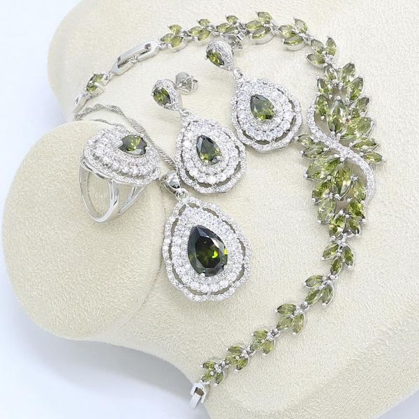 

wedding jewelry sets green olive 925 silver set for women birthday with bracelet earrings necklace pendant ring gift box, Slivery;golden