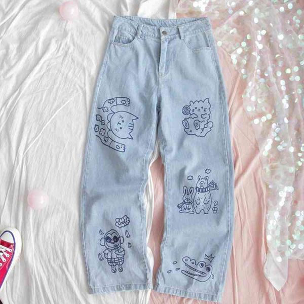 Harajuku Fashion Cotton Women Denim Jeans Vita alta Pantaloni dritti arricciati Sweet Cute Puppy Ricamo Ragazza Pantaloni 210429