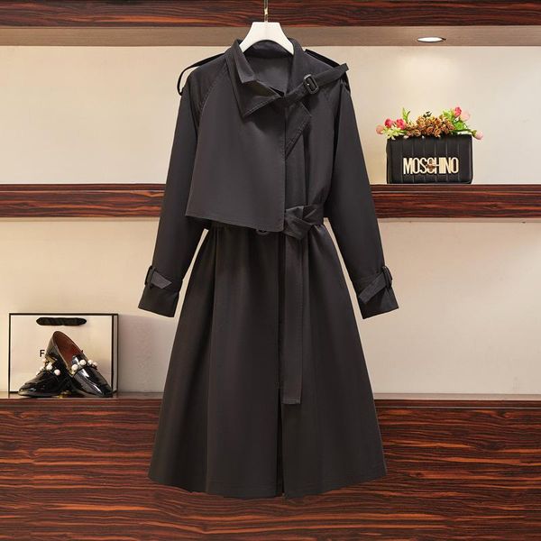 

spring and autumn korean version of super large size women's suit with collar waist thin mid-length windbreaker y94 trench coats, Tan;black