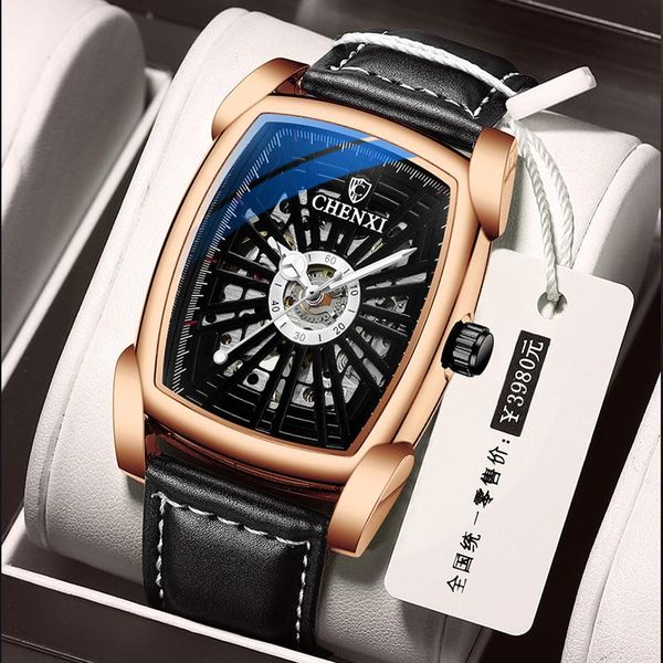 

wristwatches chenxi automatic mechanical hardlex mirror watch men casual hollow-carved square waterproof man's luminous, Slivery;brown