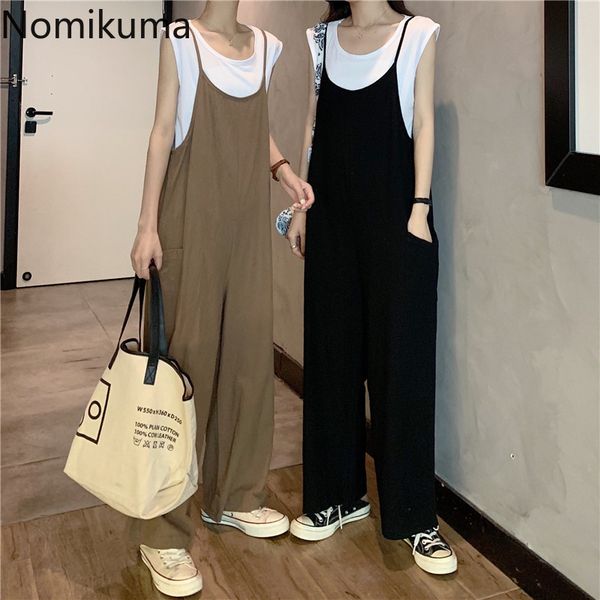 

nomikuma summer casual women two piece set o neck sleeveless t shirt unicolor loose jumpsuit all-match chic outfits 210514, White