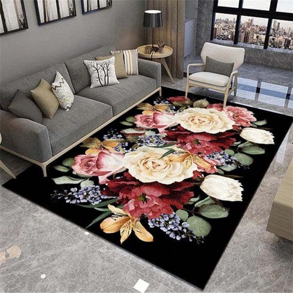 

carpets 3d printed big flower black carpet classical for living room hallway entrance door rugs beside sofa kitchen bathroom mats