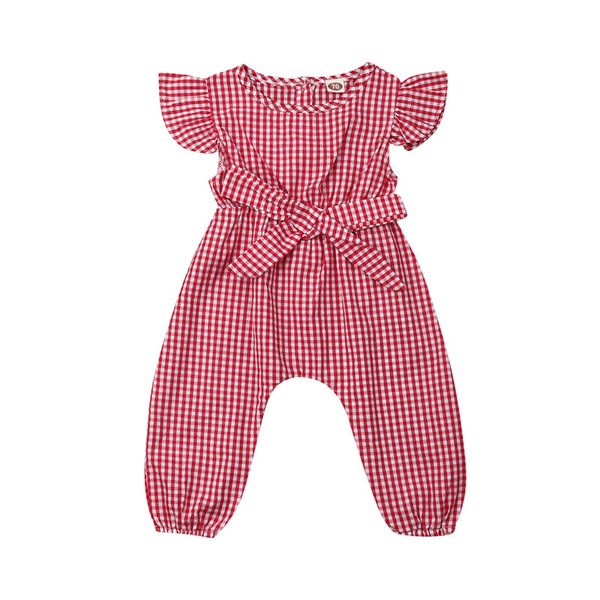 

red black summer baby plaid romper fashion newborn kids short sleeve bowknot long pants casual kids outfits jumpsuits children, Blue