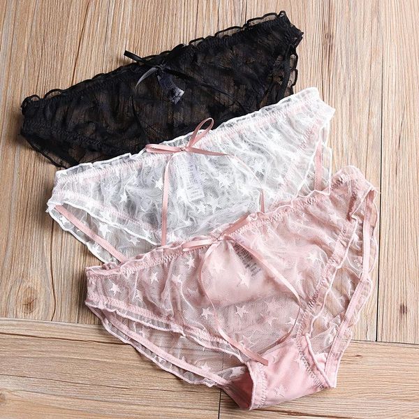 

sports lovely lolita bow lace underwear women embroidery stars hollow out transparent panties micro briefs female lingerie gym clothing, White;black