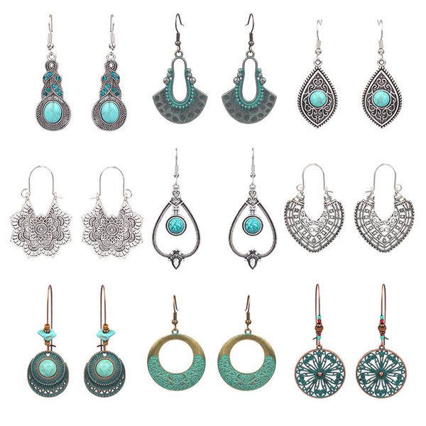 

bohemian style turquoise dangle chandeliers earrings exaggerated stone ear hooks hoop earings jewelry manufacturers wholesale, Silver