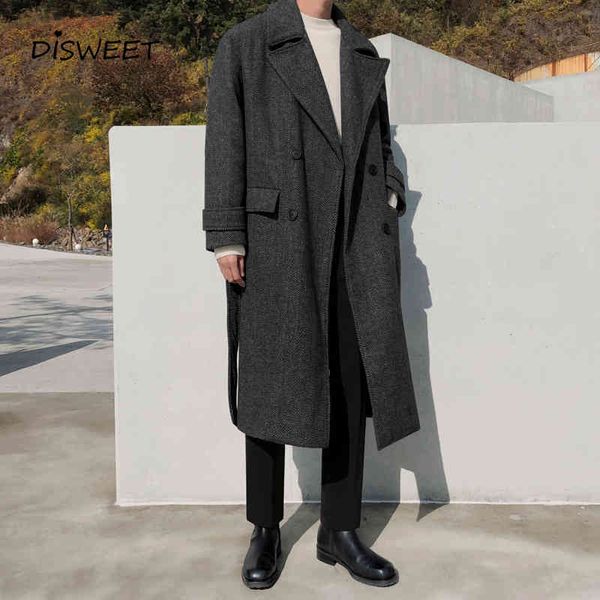 

thick solid men korean sve loose belt long men's double breasted warm slim winter woolen coat boy 2020, Black;brown