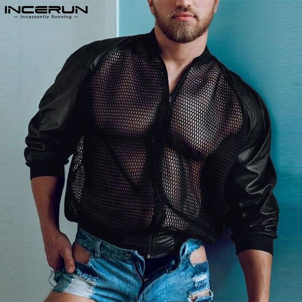 

men's jackets fashion men pu leather mesh patchwork streetwear see through zipper long sleeve thin coats casual incerun s-5xl, Black;brown