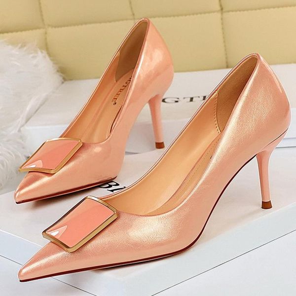 

dress shoes concise women's pumps for women high heel party pointed toe female stiletto ladies heels 7.5cm square button, Black