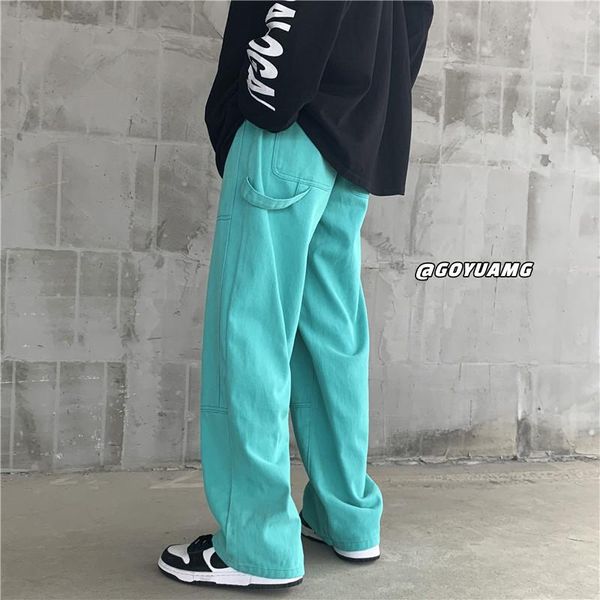 

men's jeans multicolor baggy men fashion casual wide-leg mens japanese streetwear loose hip-hop straight denim trousers, Blue