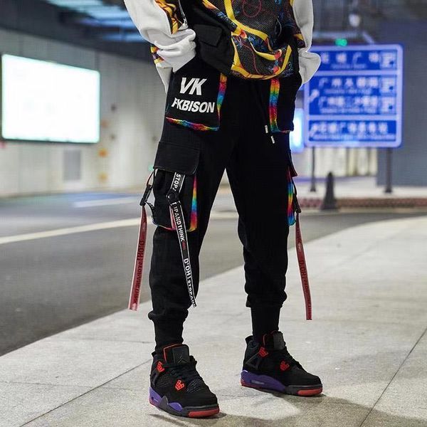 

sweatpants harajuku streetwear men casual pants hip hop trousers flat harem joggers ribbons full length jogger, Black