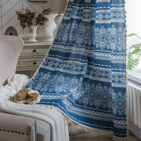 

curtain & drapes denim printing curtains cotton and linen tassels japanese style kitchen bay window