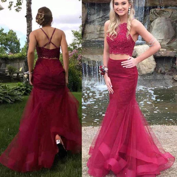 

burgundy prom dresses 2022 two piece lace applique beaded spaghetti straps sleeveless sequins mermaid tulle floor length evening party gown, Black