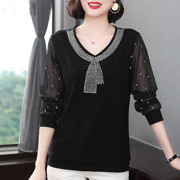 

spring autumn long sleeve pullover t-shirt female middle-aged mother chiffon mesh bottom shirt drilling loose women's, White