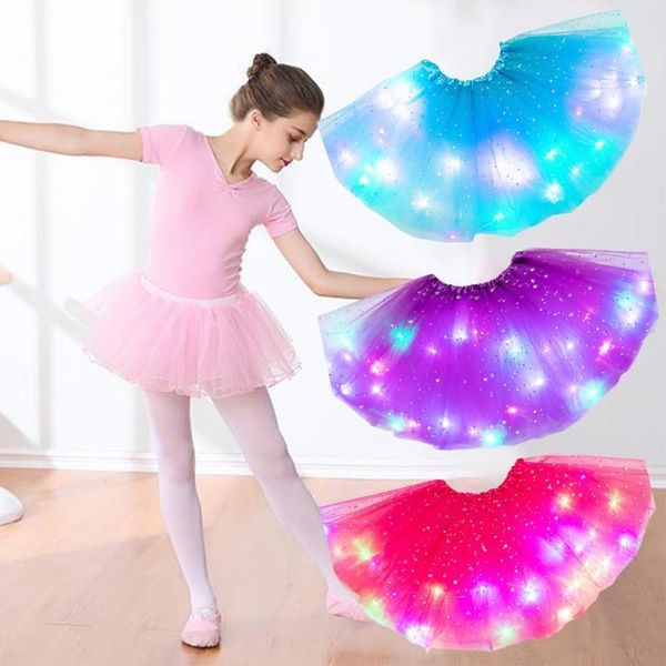 Meninas LED Glowing Magia Tutu Saia Princesa Saias Estrelas Lantejoulas Flui Dancewear Partido de Casamento Dançando Ballet Miniskirt Decoração