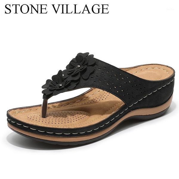 

slippers stone village women summer flower flip flops female casual beach shoes 2021 woman wedges non-slip soft slipper sandals1, Black