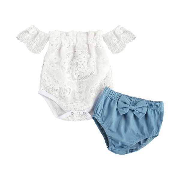 

clothing sets born baby girl's two piece set children's embroidered hollow out button up romper off shoulder bow shorts for infant, White