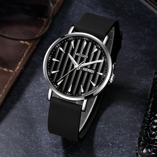 

wristwatches 2021men watches megir waterproof ultra thin date calander clock male silicon strap quartz watch men sports, Slivery;brown