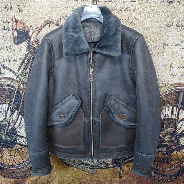 

men's leather & faux 2021 vintage grey casual style genuine shearling coat large size 4xl real natural sheepskin russian winter warm ja, Black