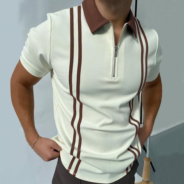 

men's polos 2021 summer fashion patchwork men shirts casual turn-down collar zipper design short sleeve harajuku mens' streetwear, White;black