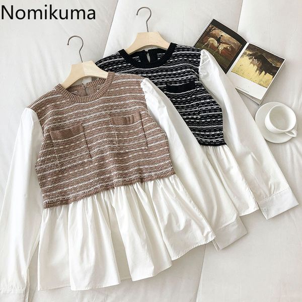 

nomikuma stripe patchwork pockets women blouses causal long sleeve o-neck doll shirt spring new korean pullover 6e095 210427, White