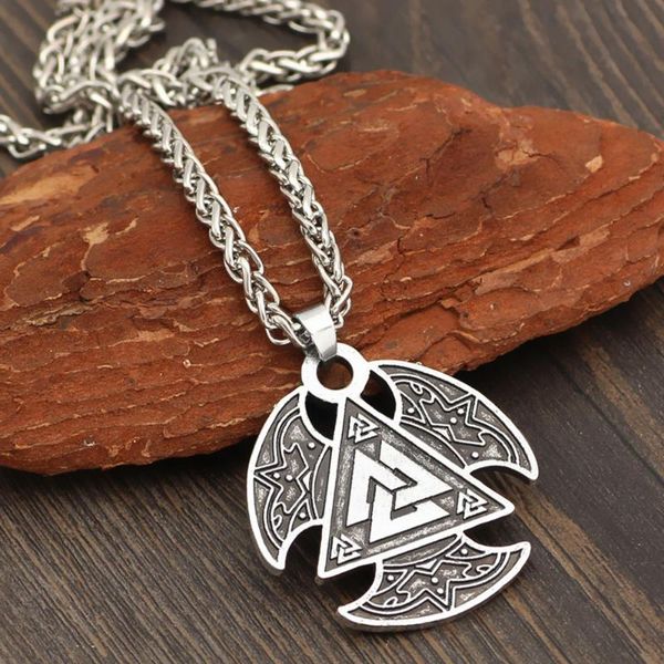 

chains double-sided carved metal valknut triangle pendant nordic vikings fighting death symbol jewelry necklace, Silver