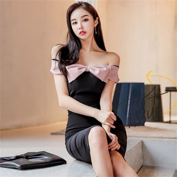 

slash neck midi bodycon dress women contrast off shoulder black summer vestidos verano sheath ladies es 210603, Black;gray