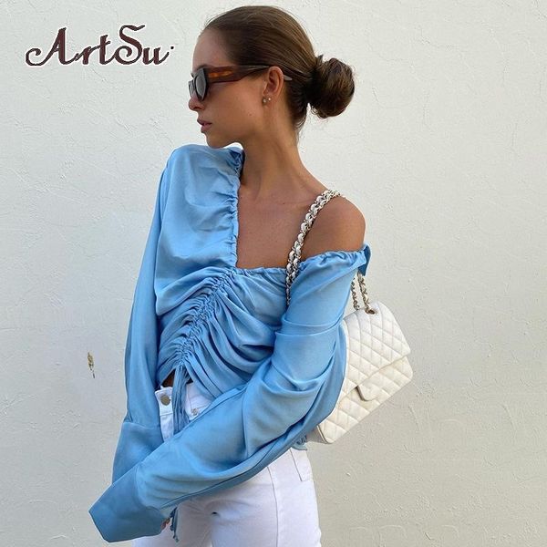 

women's blouses & shirts drawstring ruched long sleeve v-neck women and fashion autumn club party silky satin crop, White