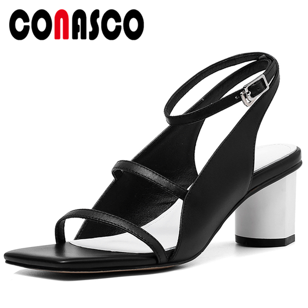 

dress shoes conasco summer genuine leather women sandals pumps rome style narrow band fashion wedding party casual thick heels woman, Black