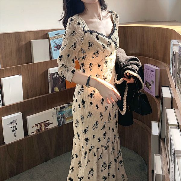 

casual dresses vintage casual female floral dress v-neck three thin french party midi ed up in a korean autumn bxdb, Black;gray