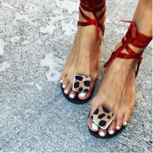 

summer strap sandals women's flats open toe leopard rome plus size 35-43 flip-flops print roman style t, Black
