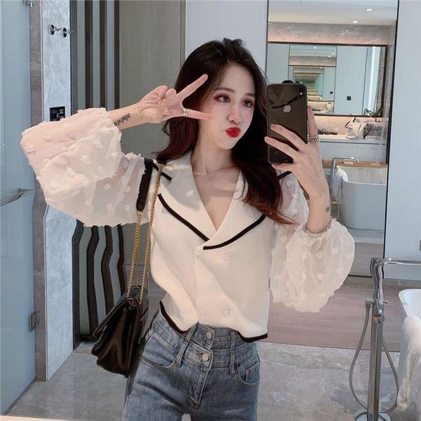

womens bubble sleeve chiffon sweaters mesh v neck knitted woman femme chandails pull hiver, White;black