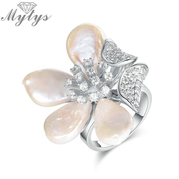 

cluster rings mytys fashion flower ring romantic jewelry gift for women austrian crystal irregular freshwater pearl petal r1891, Golden;silver