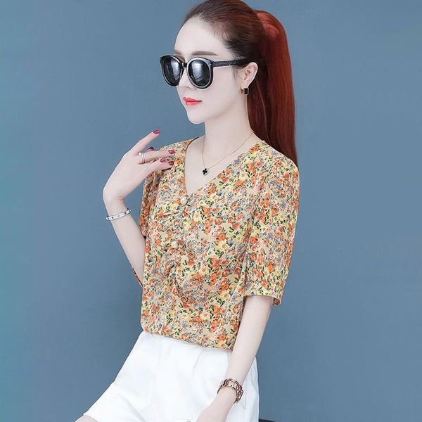 

women spring summer style chiffon blouses shirts lady casual v-neck short lantern sleeve flower printed blusas dd8888 women's &, White