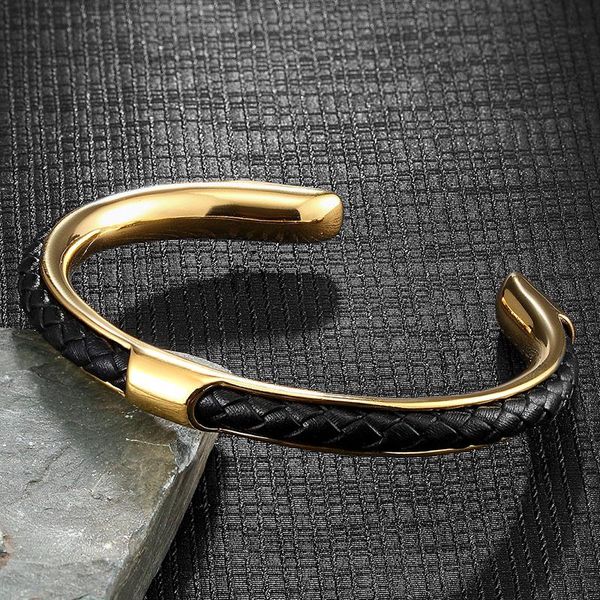 

bangle men gold black stainless steel leather cuban cuff bracelets wristband fashion jewelry friends gifts wholesale accessories