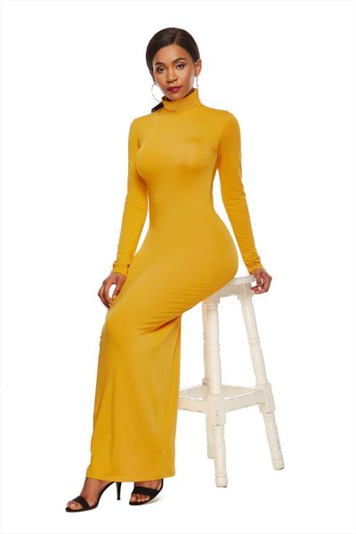 

yellow autumn turtleneck slim womens tanks ankle length bodycon dress solid casual package hip 5 colors pencil long women vestido, White