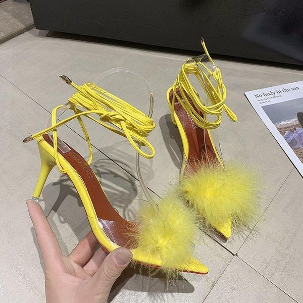 

sandals summer woman hairy fur transparent feather perspex crystal high heels peep toe mules ladies slides shoes, Black