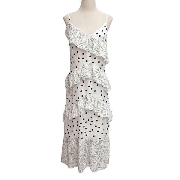 Abito midi con scollo a V in chiffon bianco nero con cinturino per spaghetti Summer Holiday Beach Polka Dot Cascading Ruffle D1185 210514