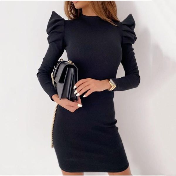 

autumn female casual base all-match knitted dress slim solid puff sleeve bag hip mini party nightclub women's dresses, Black;gray