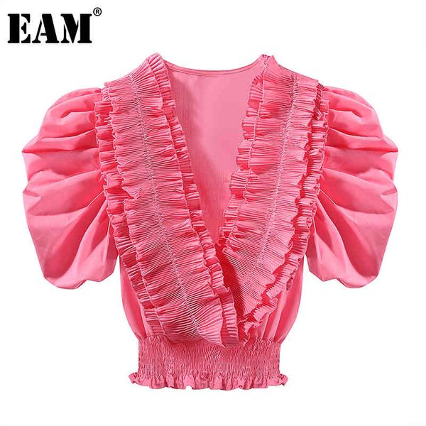

[eam] women red ruffles big size blouse v-neck half puff sleeve loose fit shirt fashion spring summer 1dd7443 210512, White