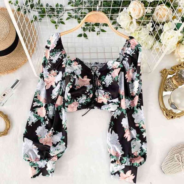 

retro square neck stretch elastic slim bubble sleeve crop super fairy sweet flower print lace-up holiday beach women clothes 210525, White
